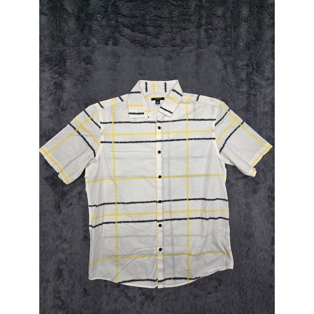 Alfani Mens White Yellow Black Plaid Grid Short Sleeve Button Down Shirt Medium